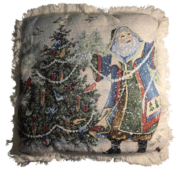Santa Christmas Tree tapestry Pillow Fringe old world birds festive snow winter - Picture 1 of 5